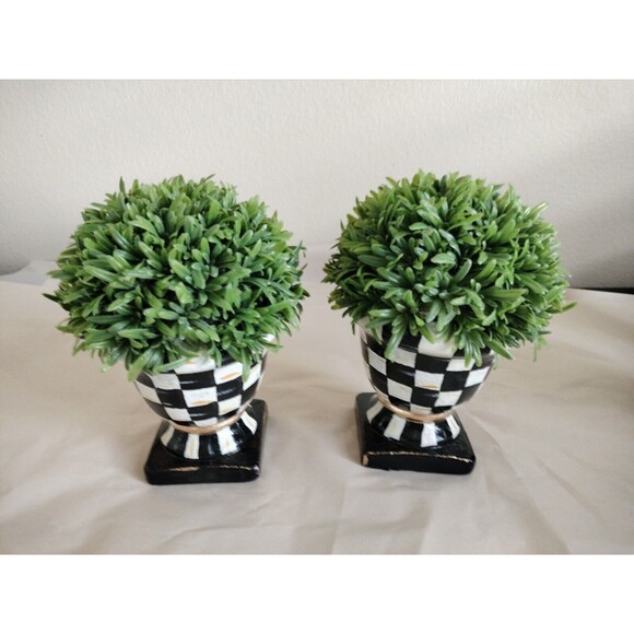 Pair of Urn Planters with Rosemary Plants 8" hgt Hand Painted Black White Checks - Picture 1 of 2